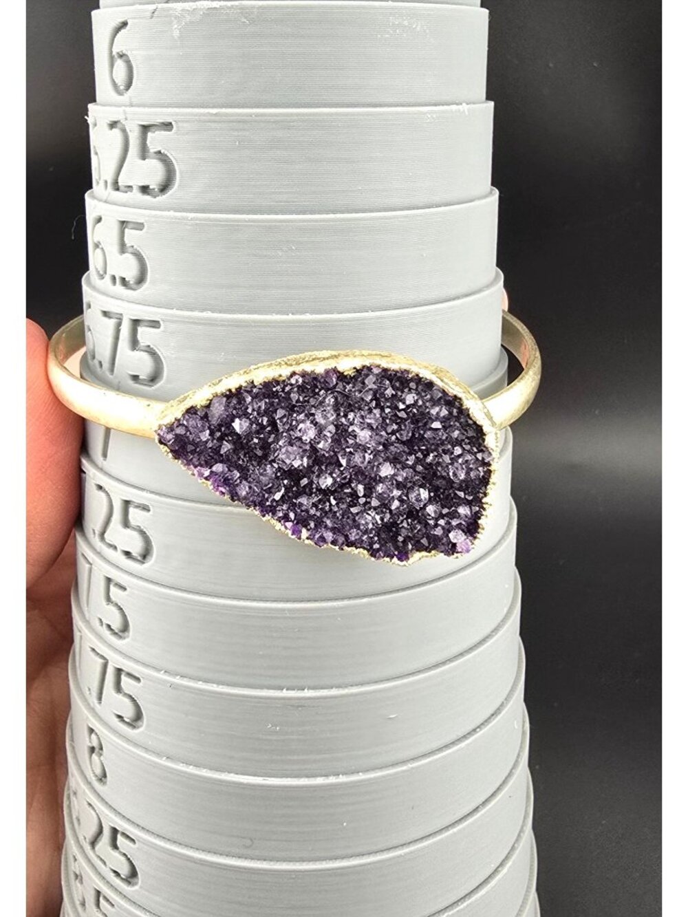 Amethyst Druzy Silver Toned Open Cuff Bracelet - Size 6.75 Artesian Made